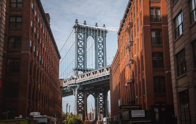 view of Brooklyn bridge from below
